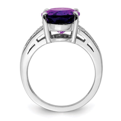 Sterling Silver Rhodium Plated Oval Amethyst & Diamond Ring (Size 7 Only)
