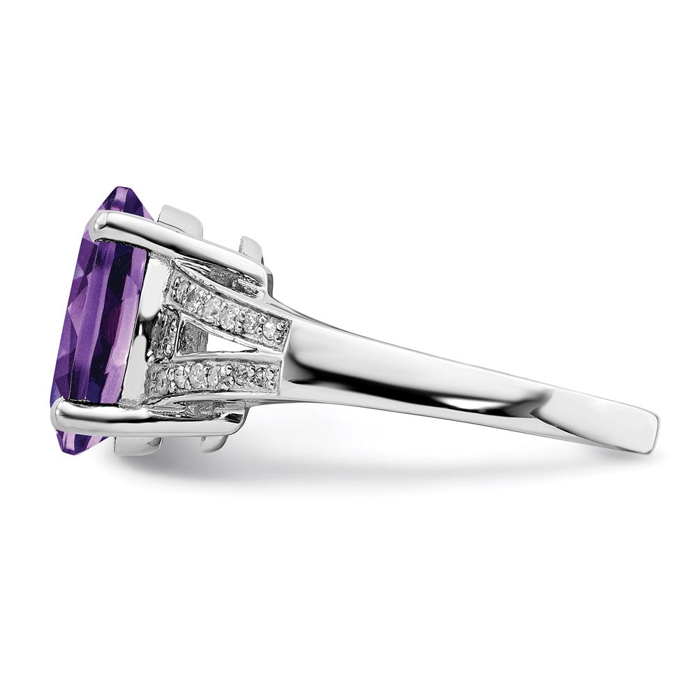 Sterling Silver Rhodium Plated Oval Amethyst & Diamond Ring (Size 7 Only)