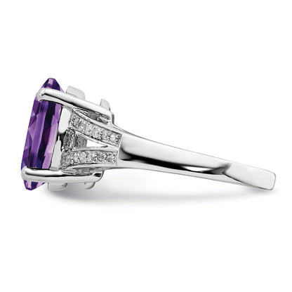 Sterling Silver Rhodium Plated Oval Amethyst & Diamond Ring (Size 7 Only)