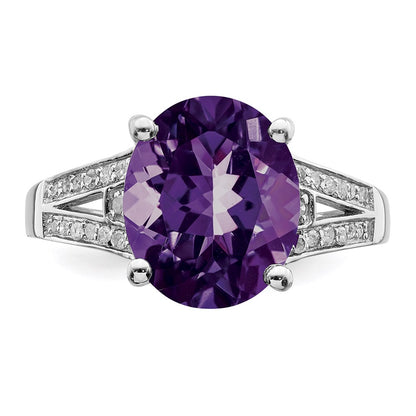 Sterling Silver Rhodium Plated Oval Amethyst & Diamond Ring (Size 7 Only)