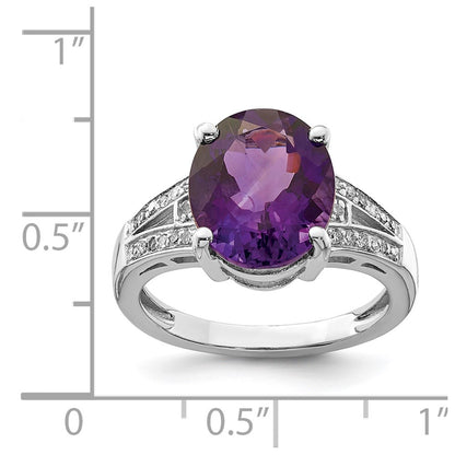 Sterling Silver Rhodium Plated Oval Amethyst & Diamond Ring (Size 7 Only)