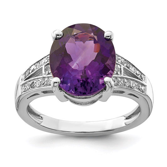 Sterling Silver Rhodium Plated Oval Amethyst & Diamond Ring (Size 7 Only)
