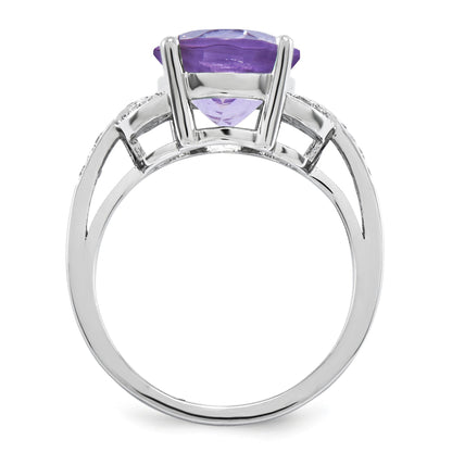 Sterling Silver Rhodium Plated Pink Quartz & Diamond Ring