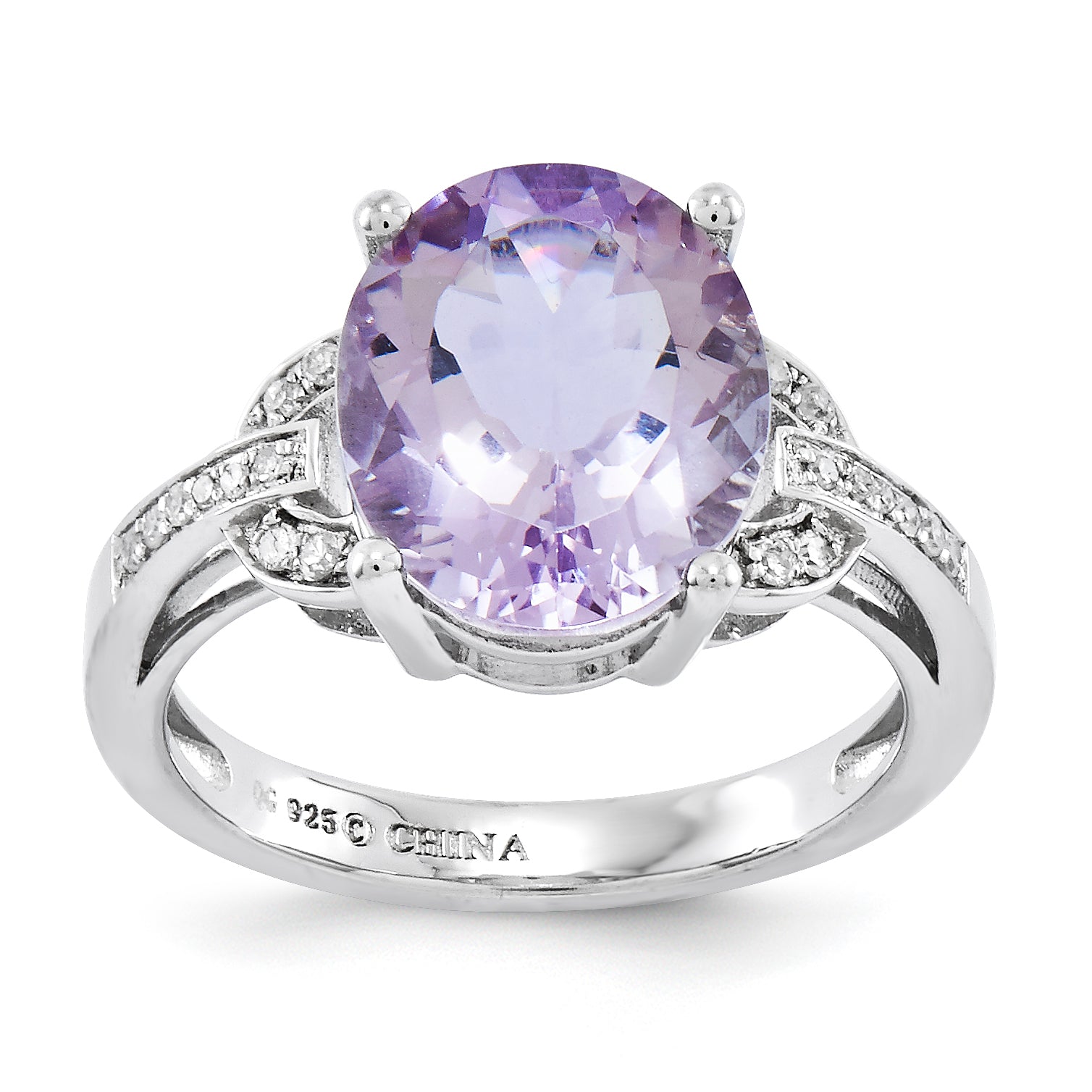 Sterling Silver Rhodium Plated Pink Quartz & Diamond Ring