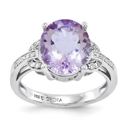 Sterling Silver Rhodium Plated Pink Quartz & Diamond Ring