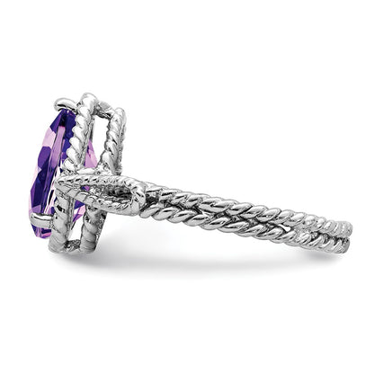 Sterling Silver Rhodium Plated Amethyst Pear Twisted Ring (Size 8 Only)