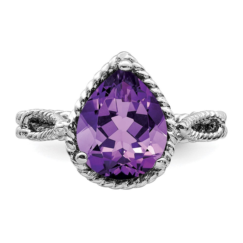Sterling Silver Rhodium Plated Amethyst Pear Twisted Ring (Size 8 Only)