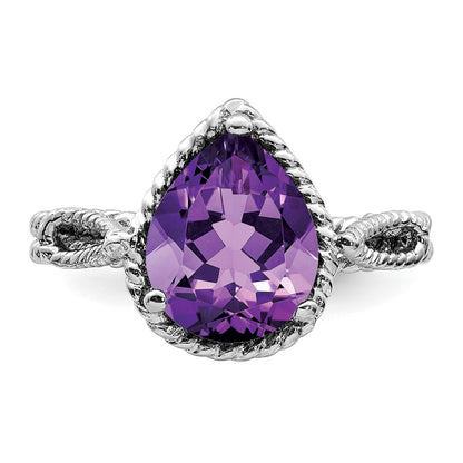 Sterling Silver Rhodium Plated Amethyst Pear Twisted Ring (Size 8 Only)