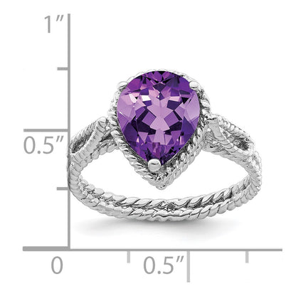 Sterling Silver Rhodium Plated Amethyst Pear Twisted Ring (Size 8 Only)