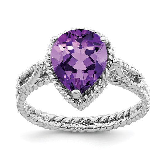 Sterling Silver Rhodium Plated Amethyst Pear Twisted Ring (Size 8 Only)