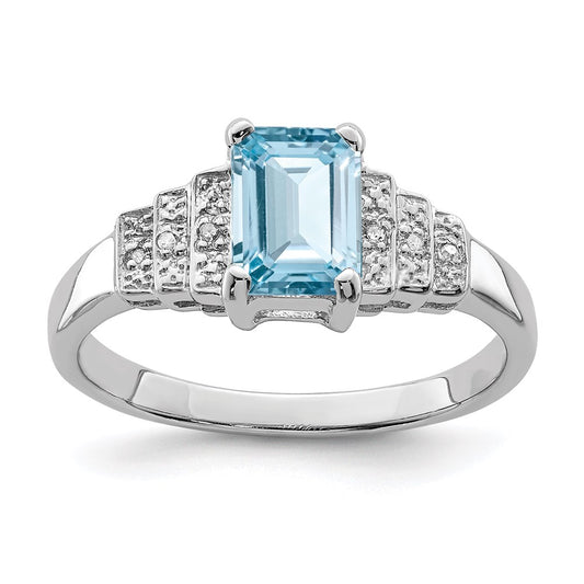 Sterling Silver Rhodium Plated Diamond & Light Swiss Blue Topaz Ring (Size 8 Only)