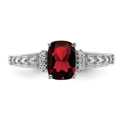 Sterling Silver Rhodium Plated Diamond And Garnet Cushion Ring (Size 9 Only)