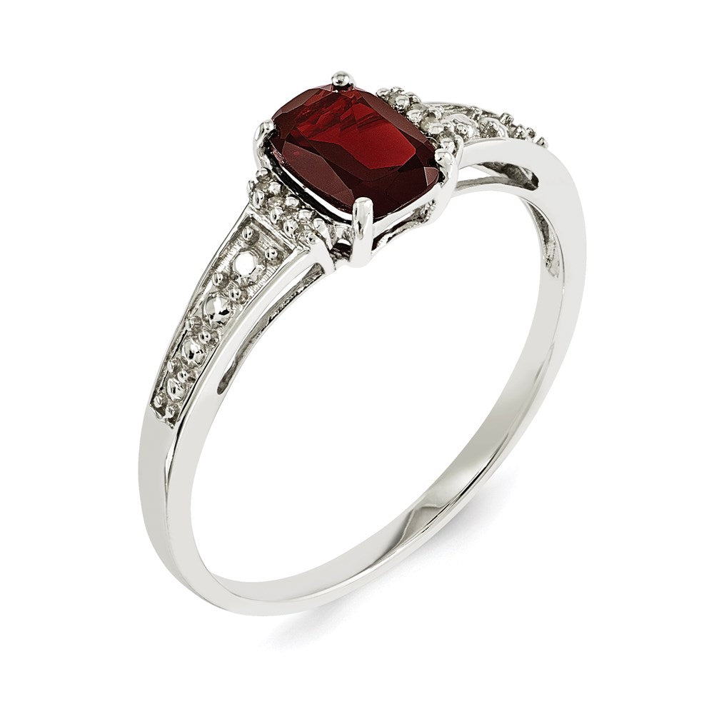 Sterling Silver Rhodium Plated Diamond And Garnet Cushion Ring (Size 9 Only)