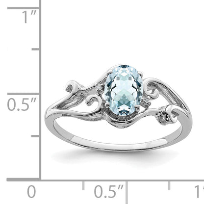 Sterling Silver Rhodium Plated Diamond & Aquamarine Oval Ring