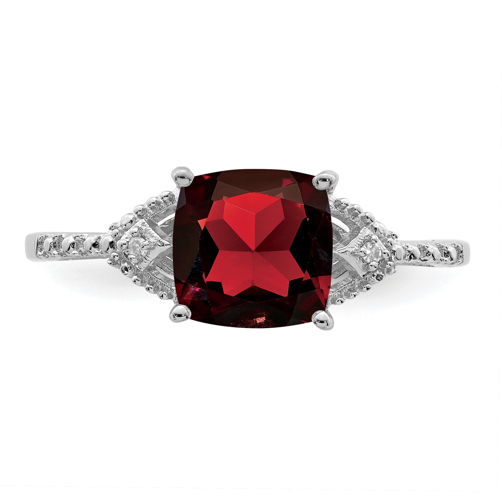 Sterling Silver Rhodium Plated Diamond And Garnet Ring