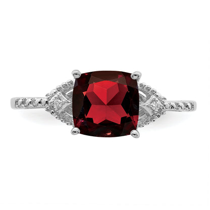Sterling Silver Rhodium Plated Diamond And Garnet Ring