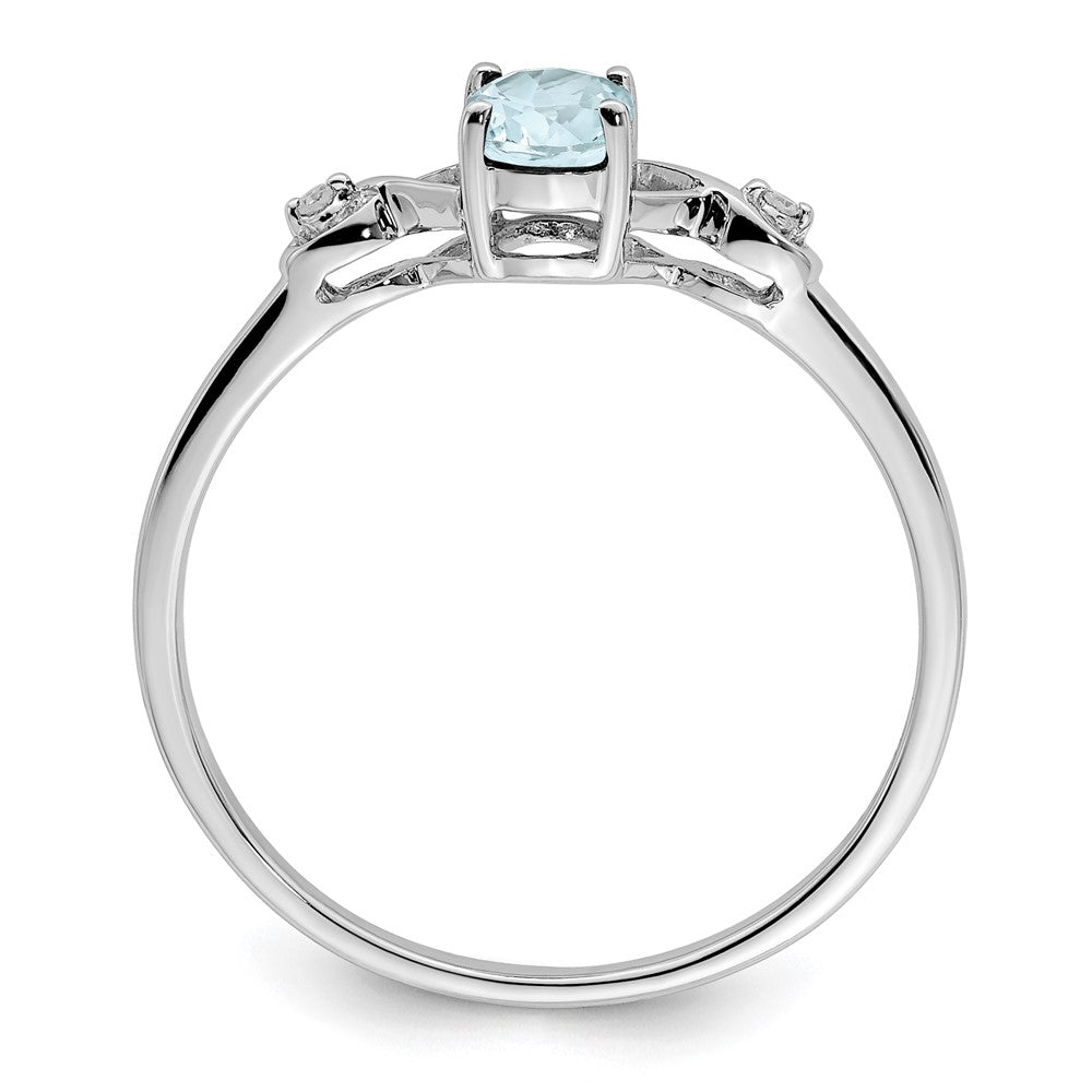 Sterling Silver Rhodium Plated Diamond And Aquamarine Oval Ring
