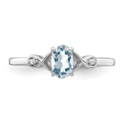 Sterling Silver Rhodium Plated Diamond And Aquamarine Oval Ring