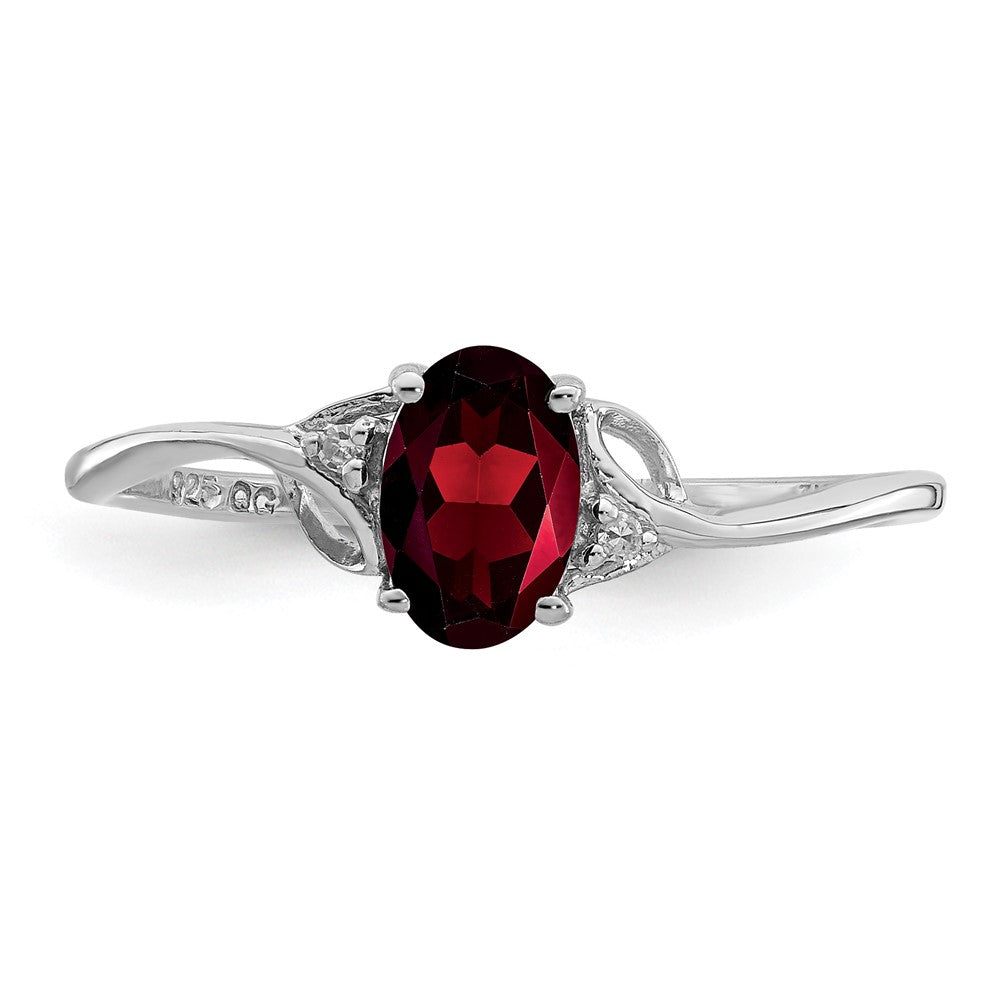 Sterling Silver Rhodium Plated Diamond And Garnet Oval Ring