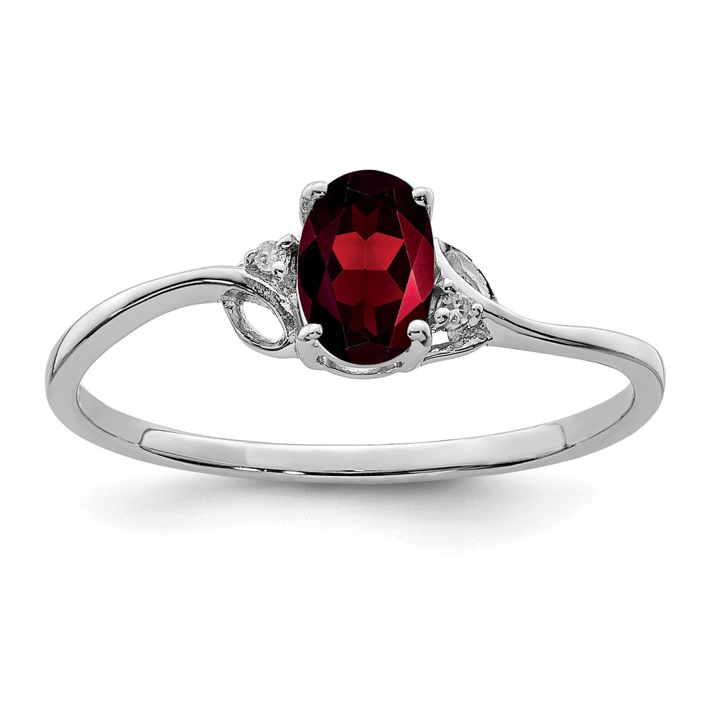 Sterling Silver Rhodium Plated Diamond And Garnet Oval Ring