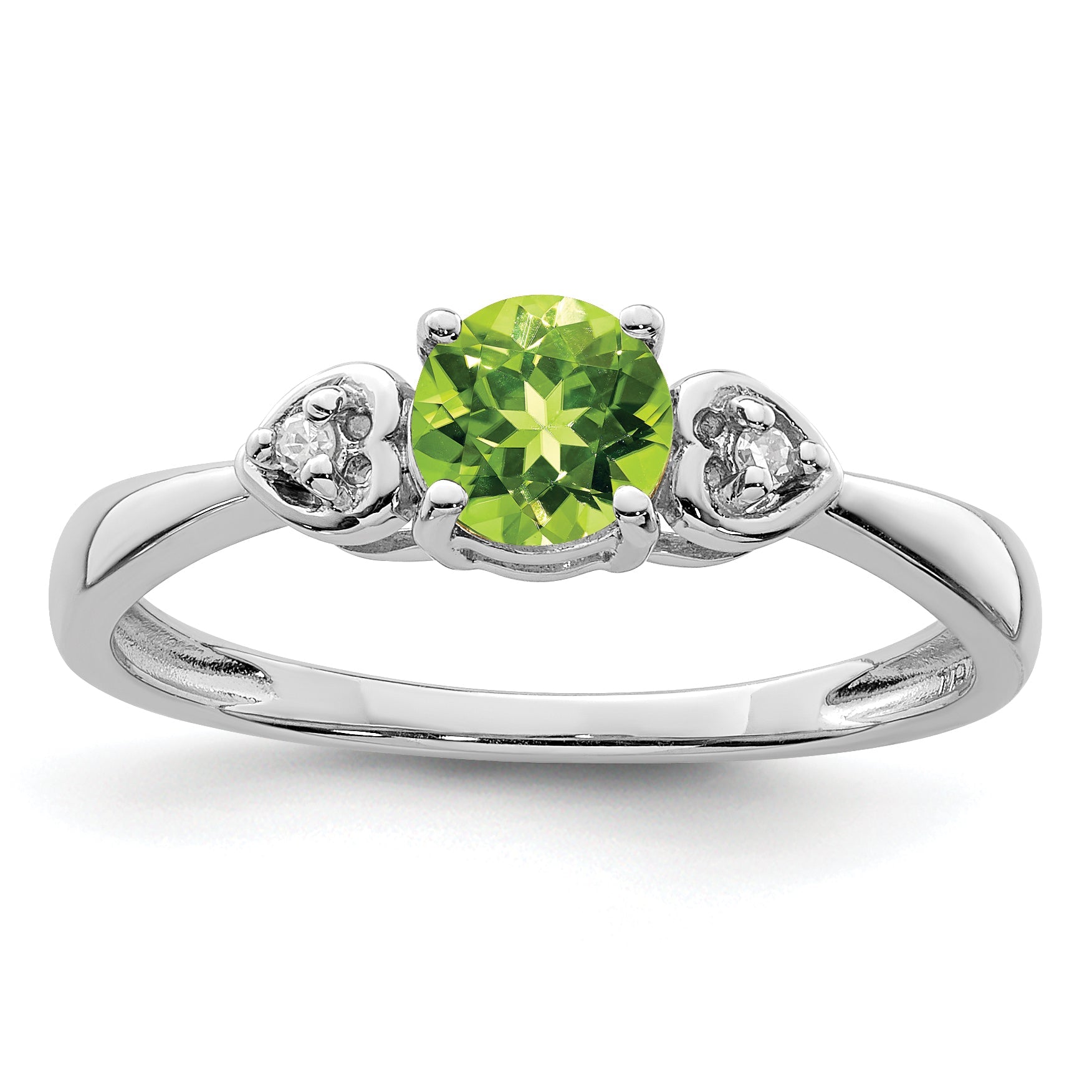 Sterling Silver Rhodium Plated Diamond And Peridot Round Ring