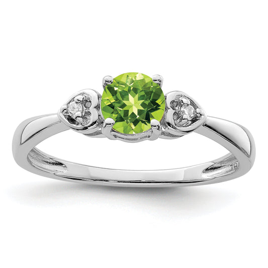 Sterling Silver Rhodium Plated Diamond And Peridot Round Ring