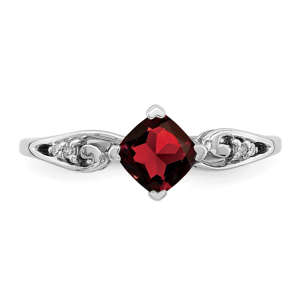 Sterling Silver Rhodium Plated Diamond And Garnet Cushion Ring