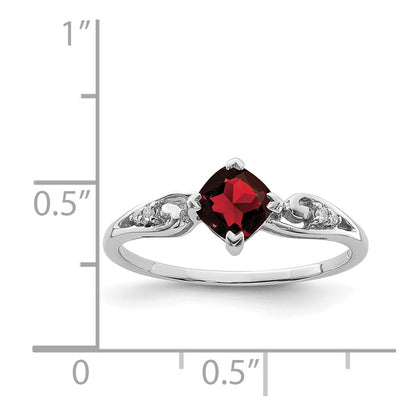 Sterling Silver Rhodium Plated Diamond And Garnet Cushion Ring