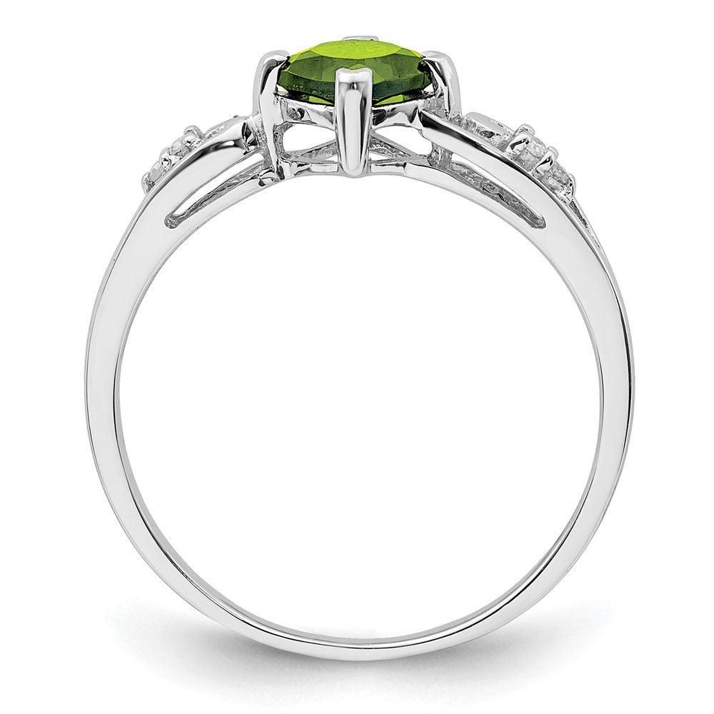 Sterling Silver Rhodium Plated Diamond And Peridot Cushion Ring