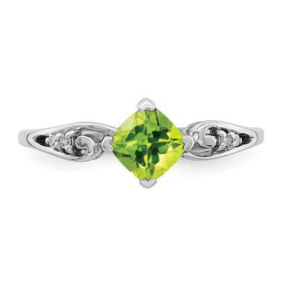 Sterling Silver Rhodium Plated Diamond And Peridot Cushion Ring