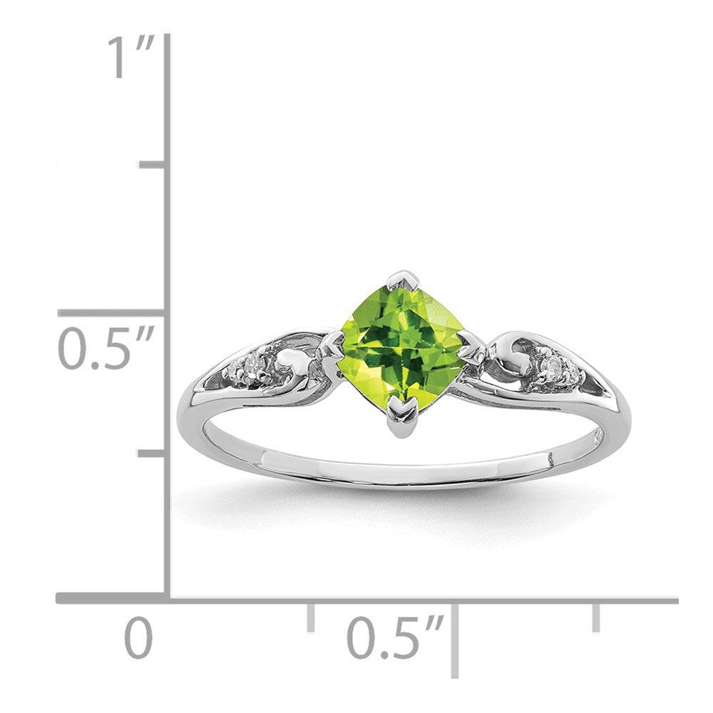 Sterling Silver Rhodium Plated Diamond And Peridot Cushion Ring