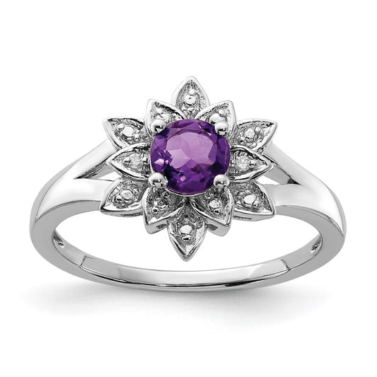Sterling Silver Rhodium Plated Diamond & Amethyst Ring
