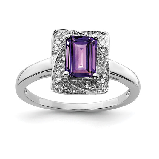 Sterling Silver Rhodium Plated Diamond & Amethyst Ring (Size 7 Only)