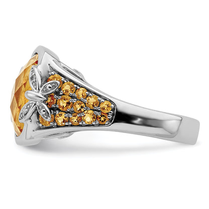 Sterling Silver Rhodium Diamond And Citrine Ring