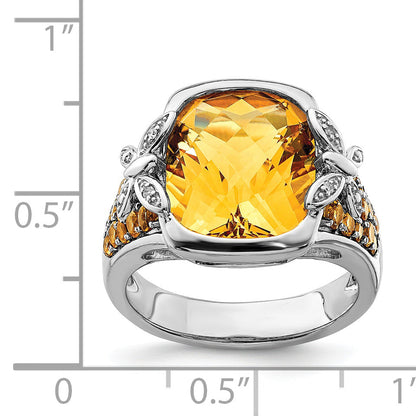Sterling Silver Rhodium Diamond And Citrine Ring