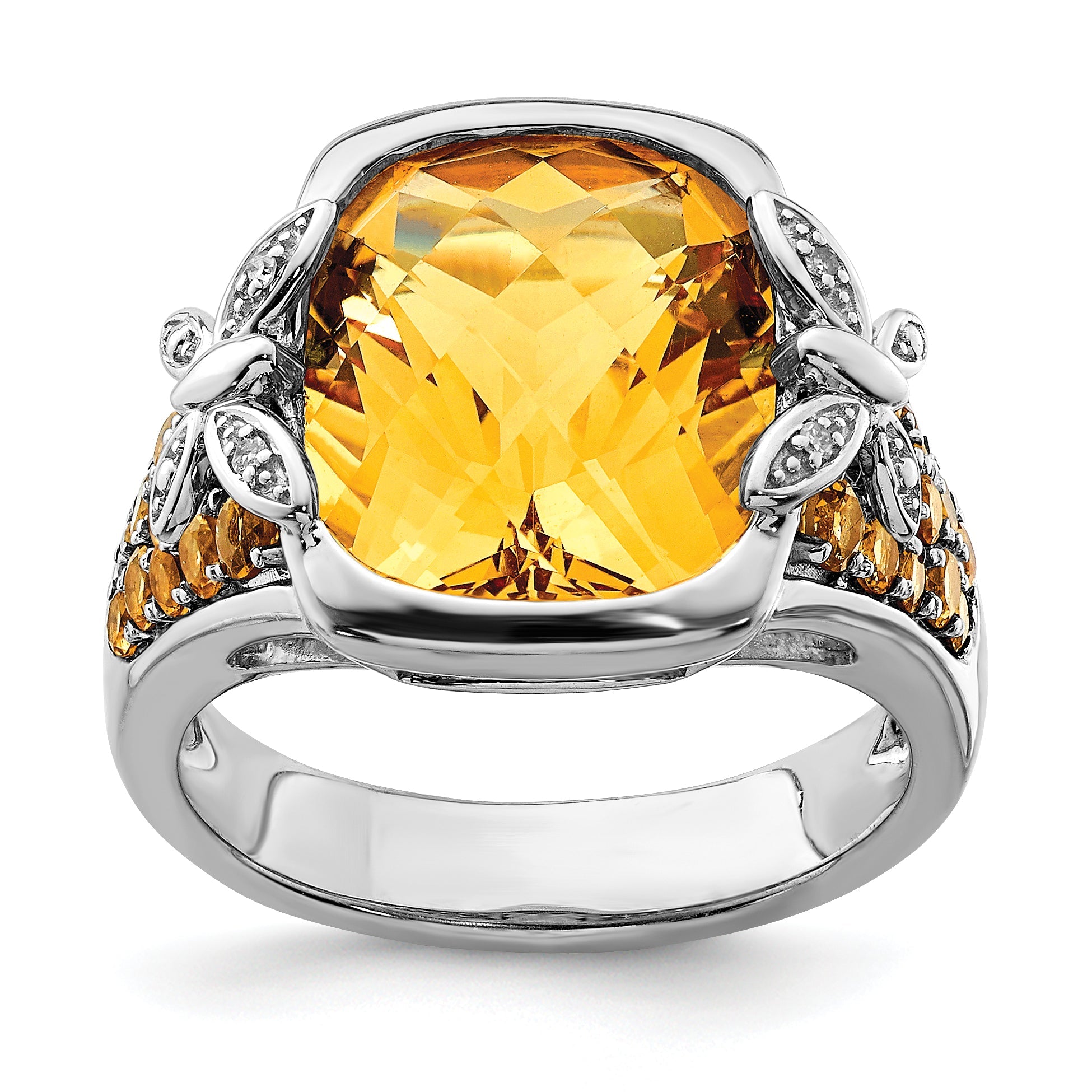 Sterling Silver Rhodium Diamond And Citrine Ring