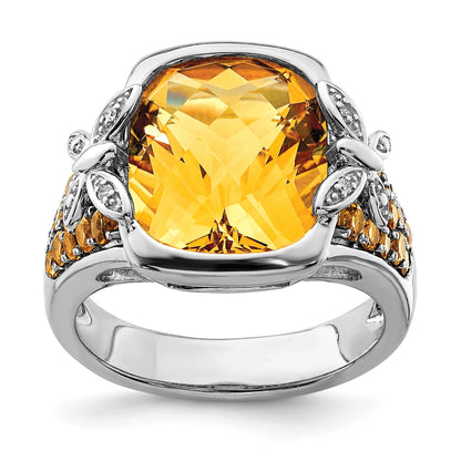 Sterling Silver Rhodium Diamond And Citrine Ring