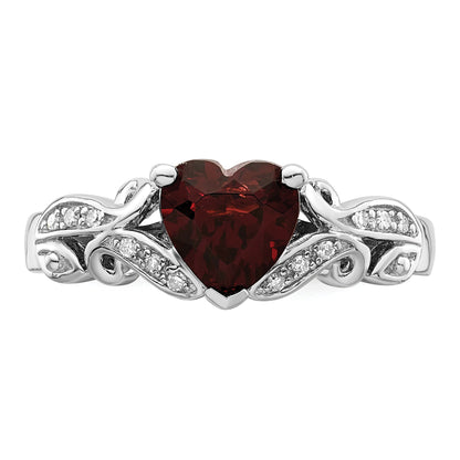 Sterling Silver Rhodium Plated Diamond And Garnet Ring
