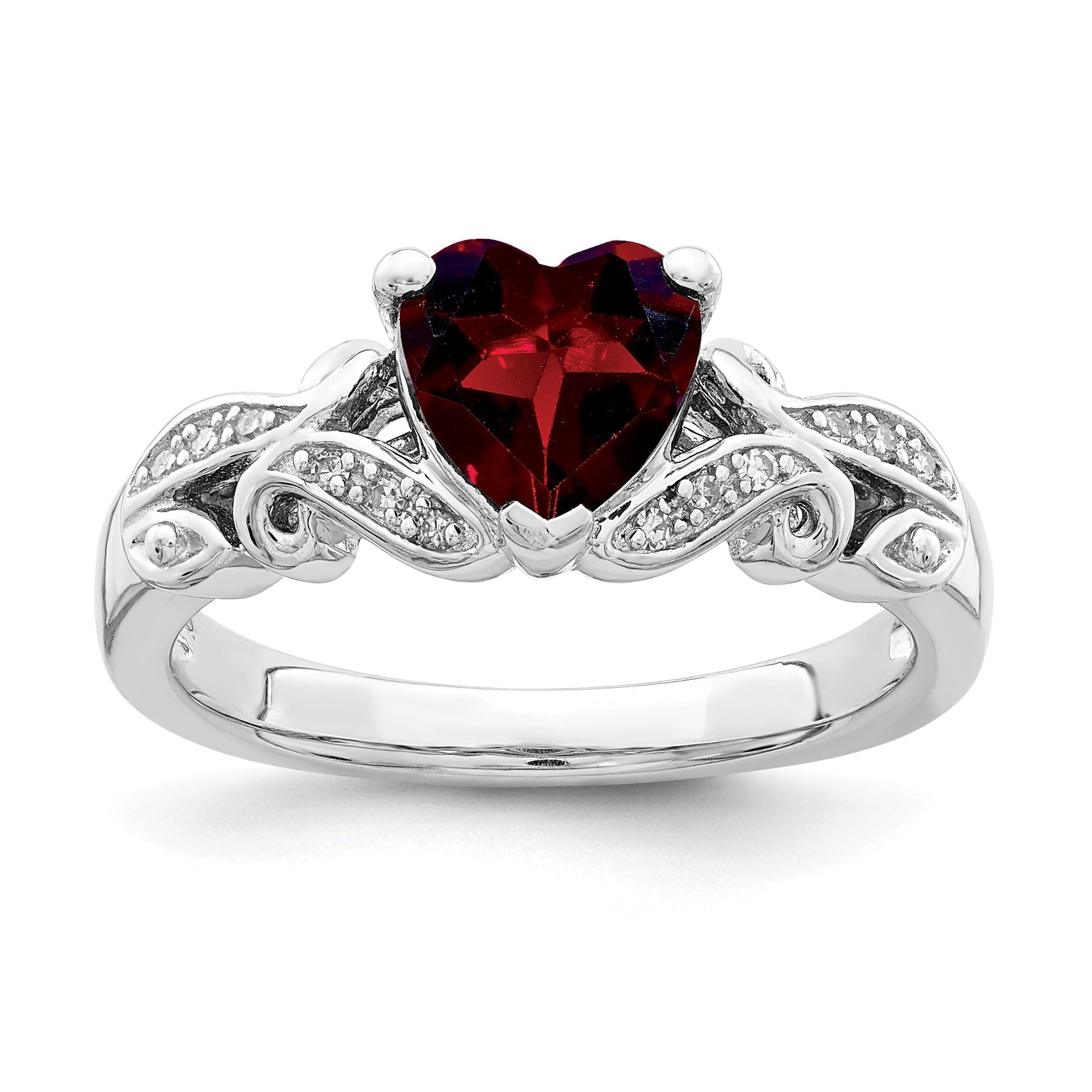 Sterling Silver Rhodium Plated Diamond And Garnet Ring