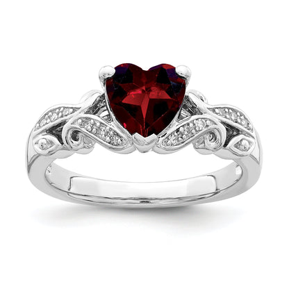 Sterling Silver Rhodium Plated Diamond And Garnet Ring