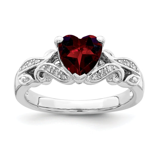 Sterling Silver Rhodium Plated Diamond And Garnet Ring