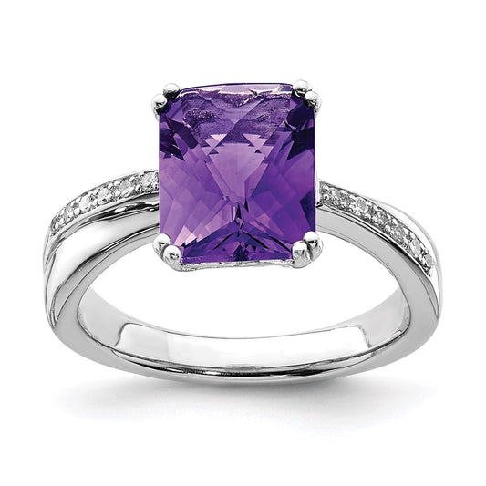 Sterling Silver Rhodium Plated Diamond And Amethyst Ring (Size 9 Only)