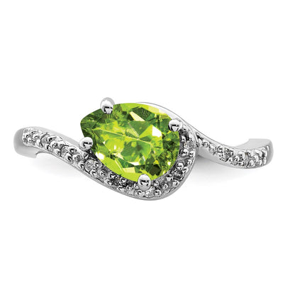 Sterling Silver Rhodium Plated Diamond And Peridot Oval Ring