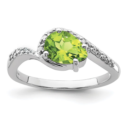 Sterling Silver Rhodium Plated Diamond And Peridot Oval Ring