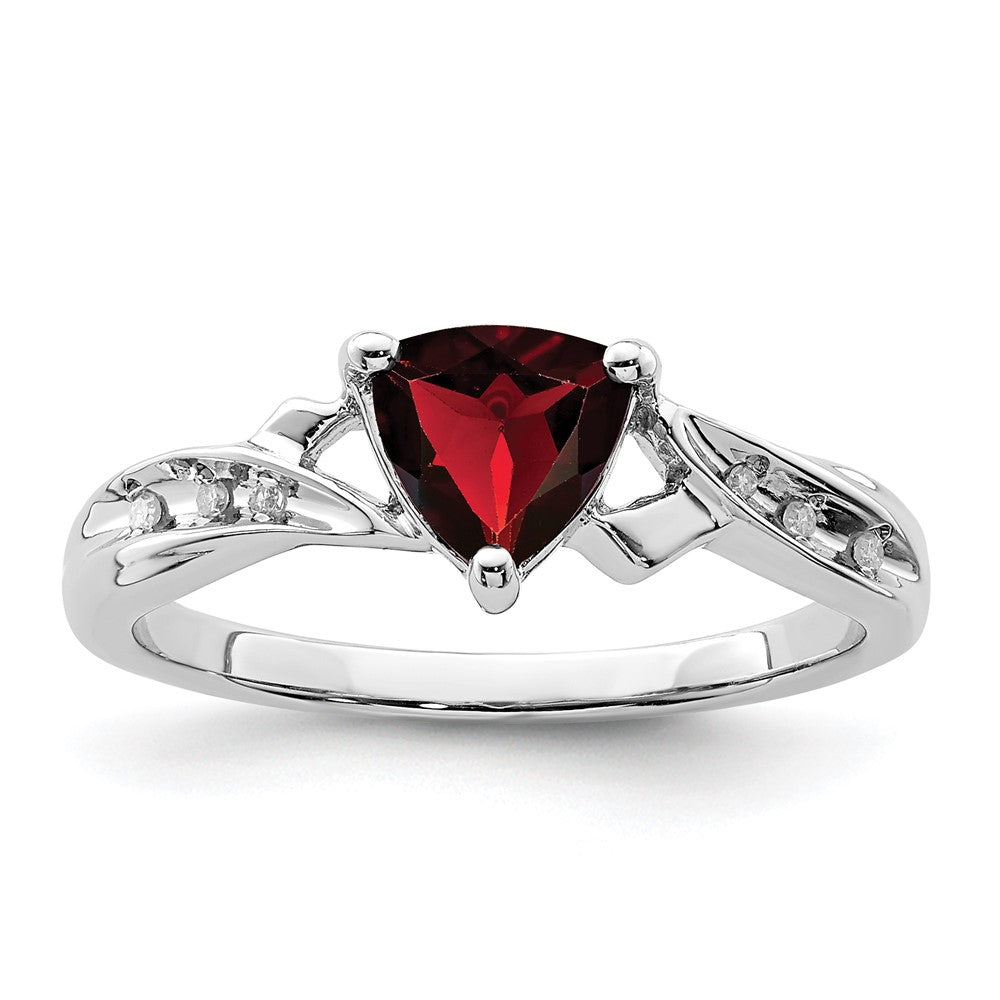 Sterling Silver Rhodium Plated Diamond And Garnet Heart Ring