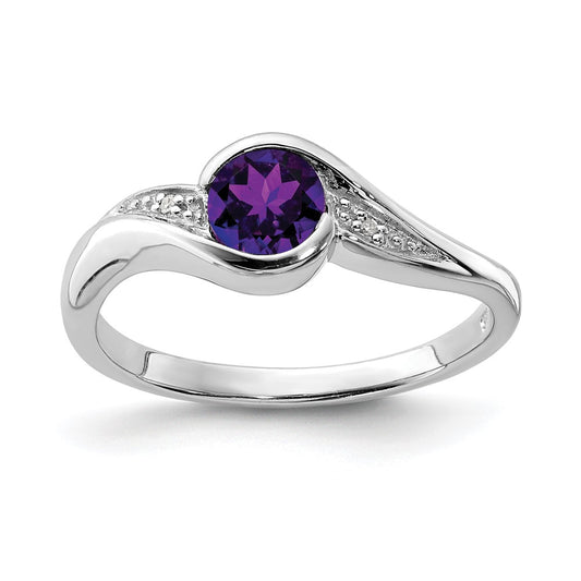 Sterling Silver Rhodium Plated Diamond And Amethyst Round Ring