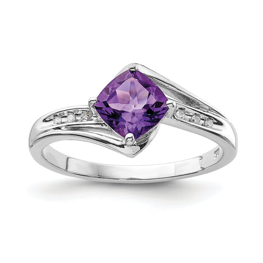 Sterling Silver Rhodium Plated Diamond And Amethyst Square Ring