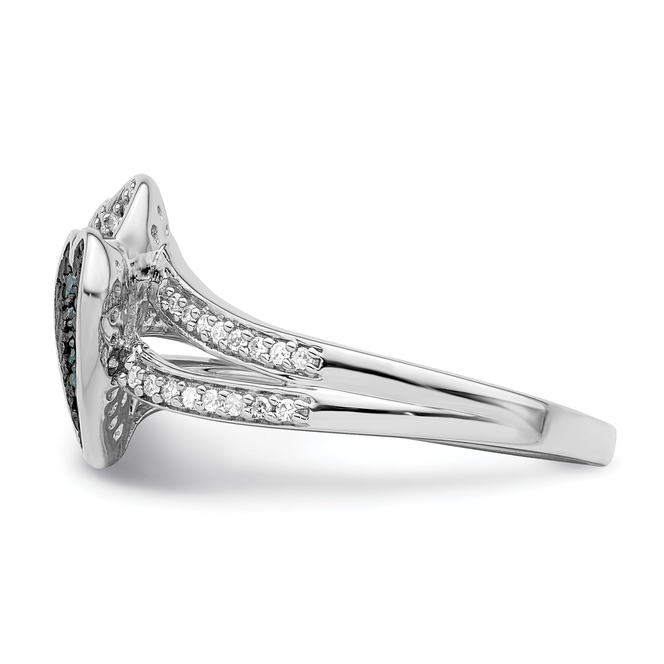 Sterling Silver White Night Rhodium Plated Blue And Diamond Hearts Ring