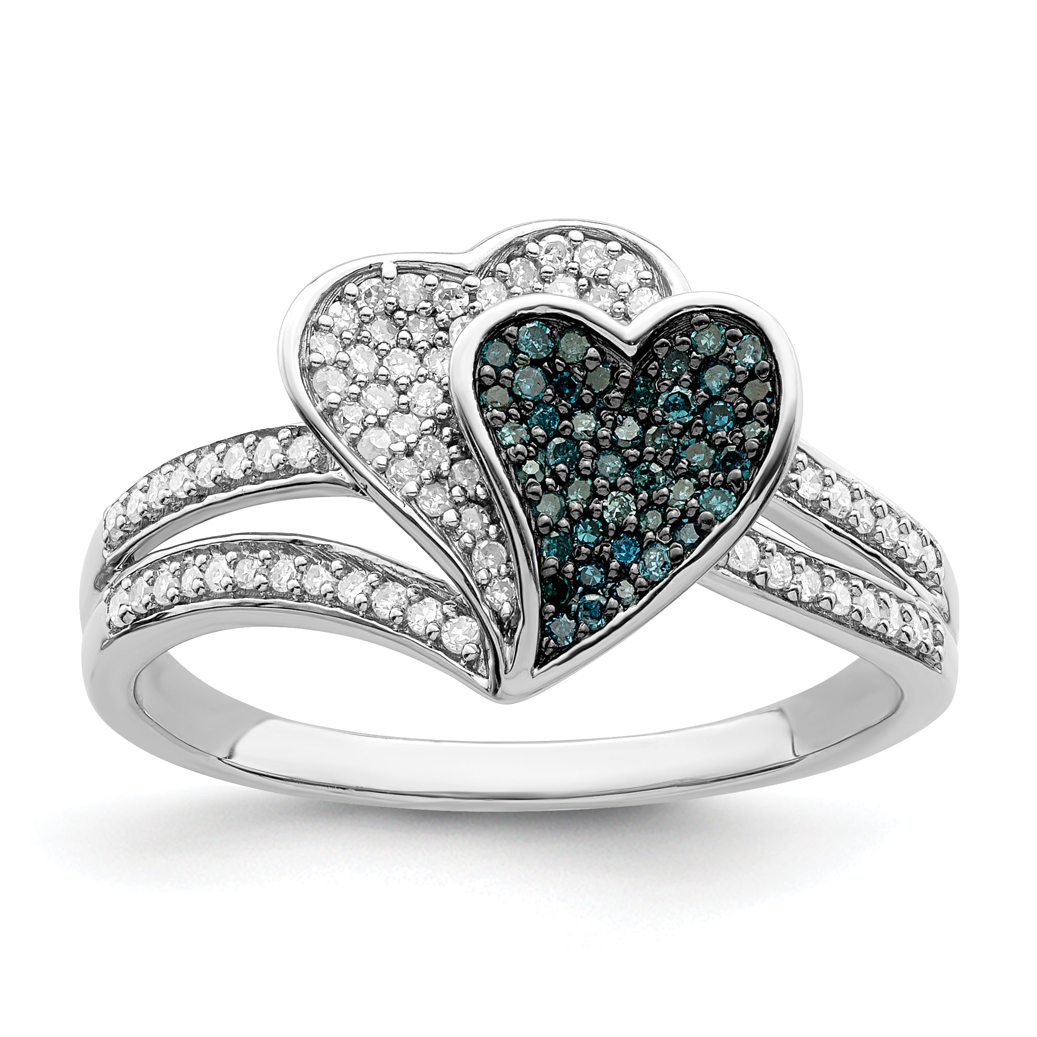 Sterling Silver White Night Rhodium Plated Blue And Diamond Hearts Ring