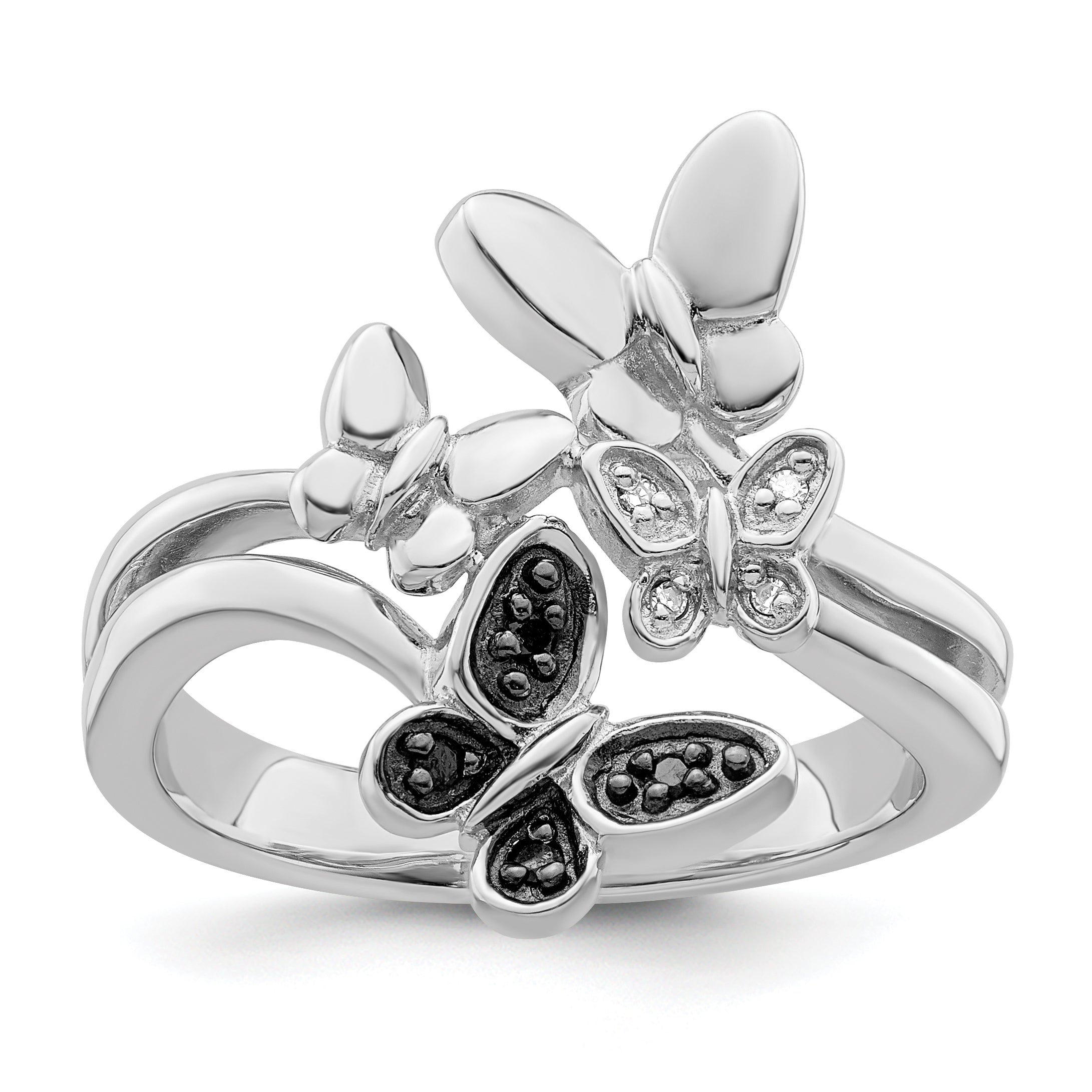 Sterling Silver White Night Rhodium Plated And Black Diamond Butterfly Ring